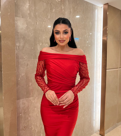 Off-the-Shoulder Ruched Satin Mermaid Gown