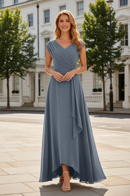 Ruched V-Neck High-Low Chiffon Dress