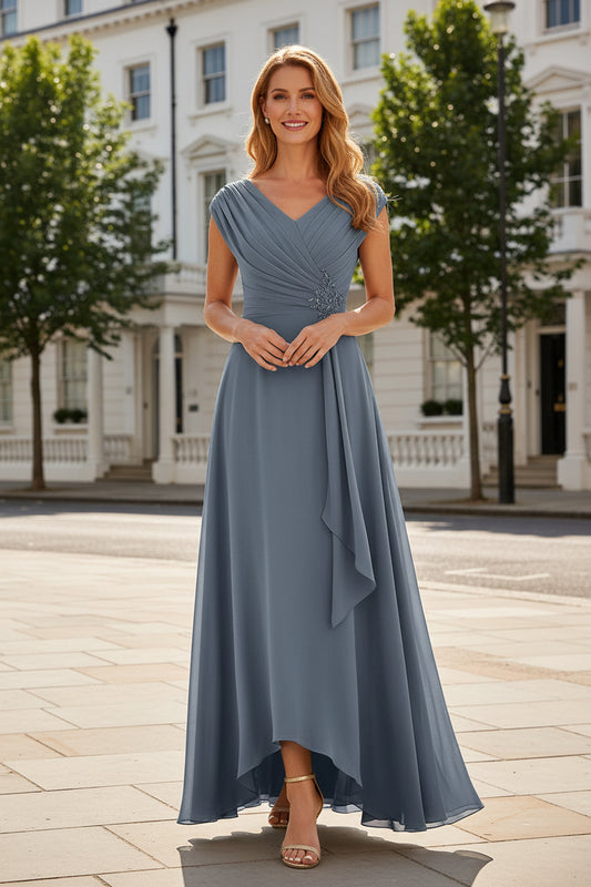 Ruched V-Neck High-Low Chiffon Dress