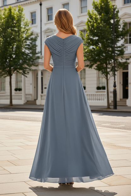 Ruched V-Neck High-Low Chiffon Dress