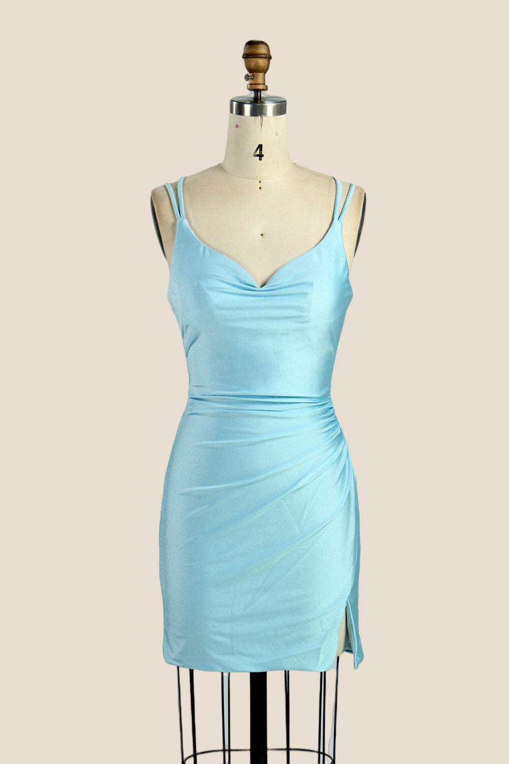Cowl Neck Ruched Mini Dress with Lace-Up Back