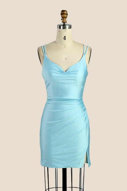 Cowl Neck Ruched Mini Dress with Lace-Up Back
