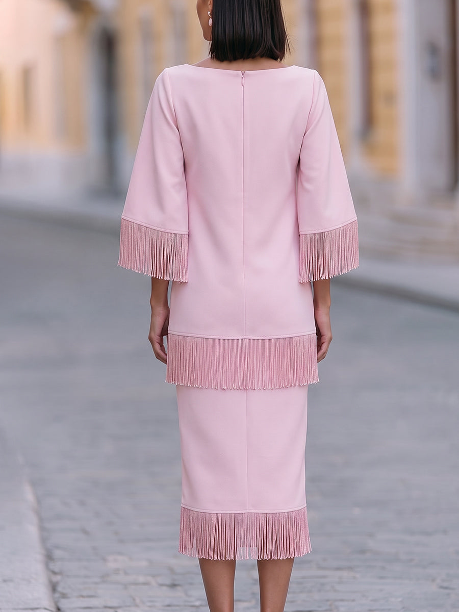 Fringe Trim Bateau Midi Dress with Bell Sleeves