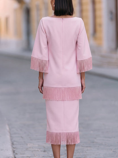 Fringe Trim Bateau Midi Dress with Bell Sleeves