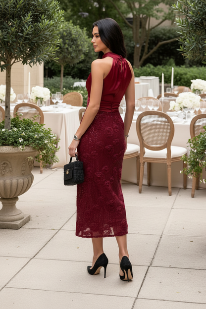 High-Neck Sleeveless Embellished Midi Dress