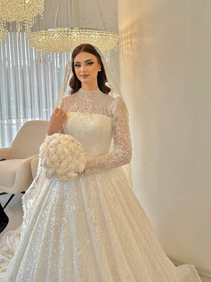 Illusion Long Sleeve Beaded Ball Gown Wedding Dress