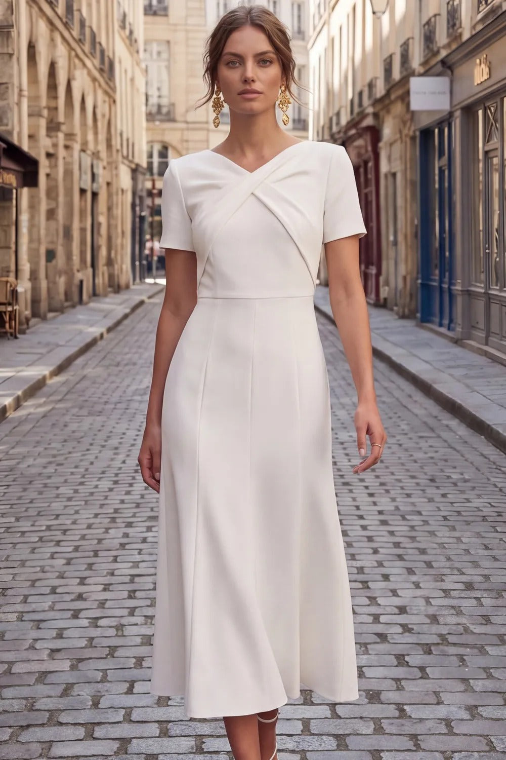 Crossover Bodice Short Sleeve Midi Dress