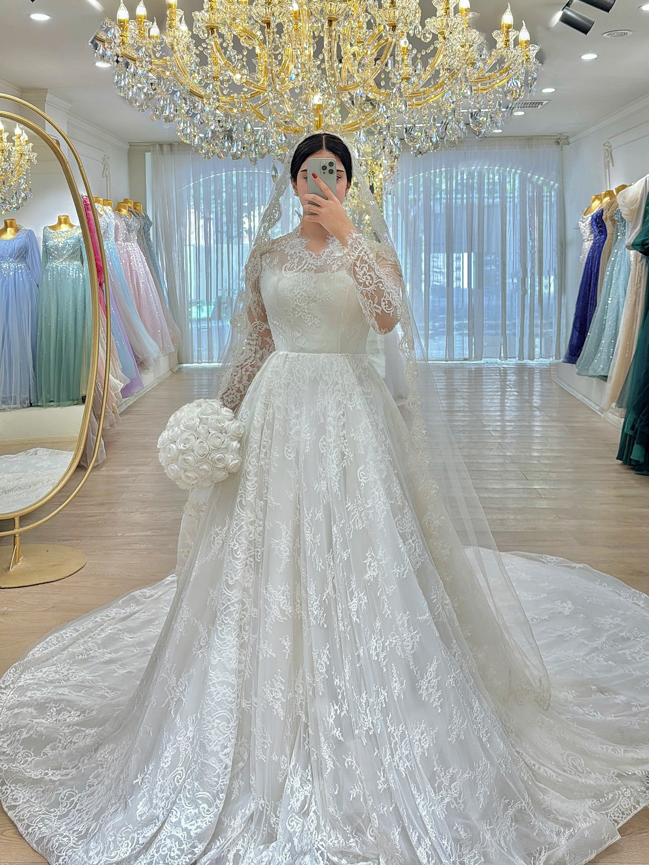 Long Sleeve Lace Illusion Ball Gown Wedding Dress