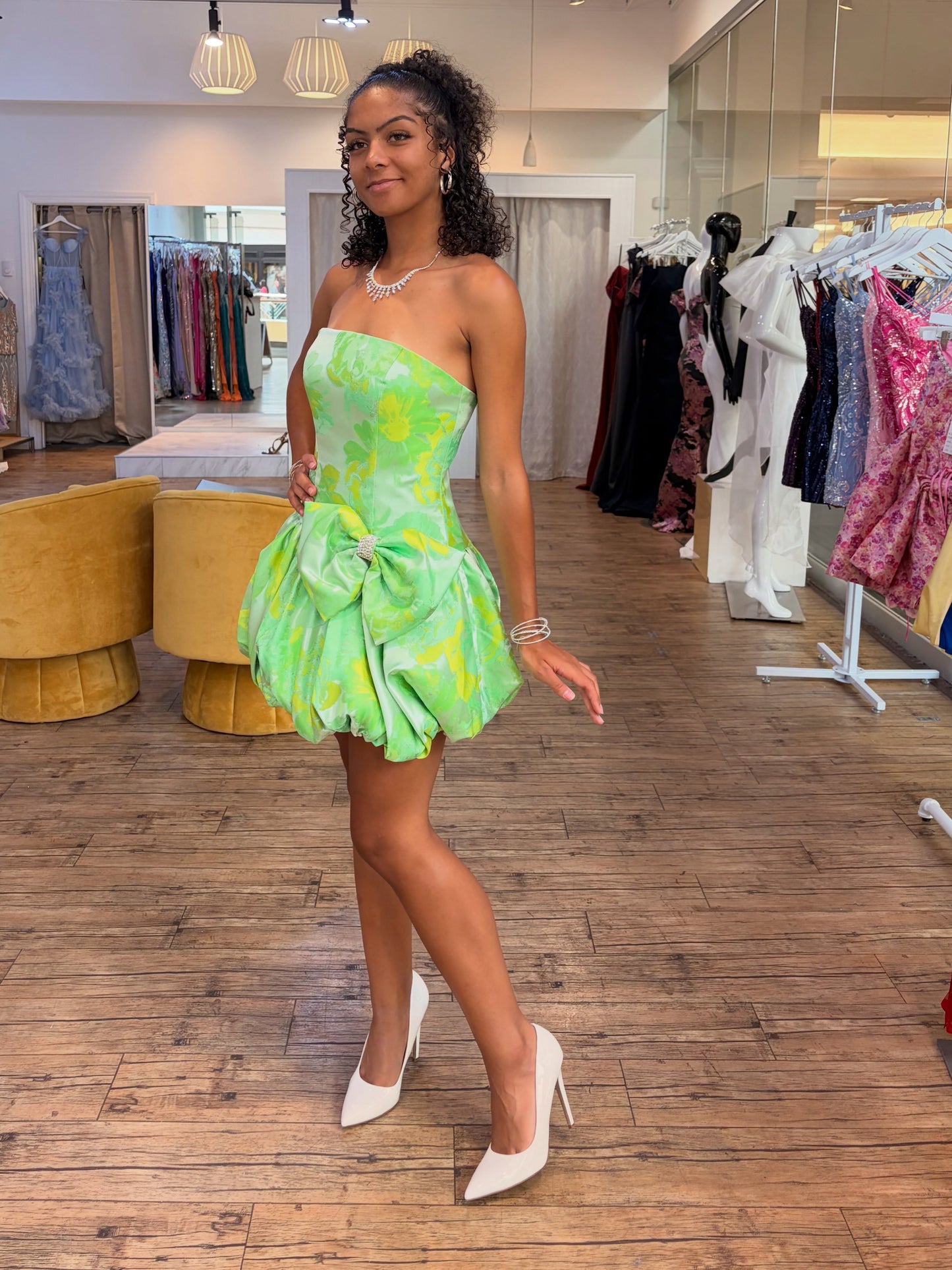 Strapless Floral Bubble Hem Mini Dress with Bow