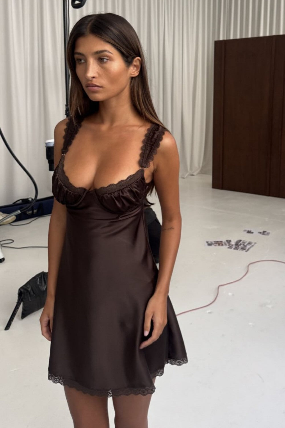 Lace-Trimmed Satin Cup Detail Mini Slip Dress