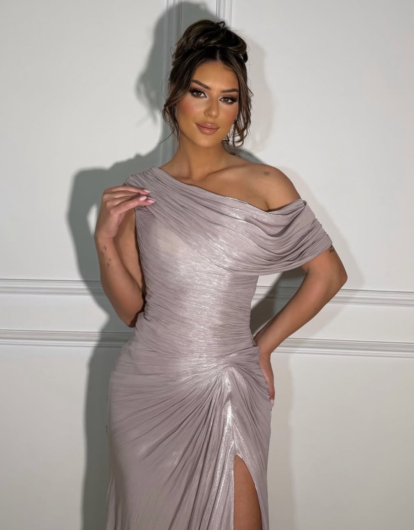 One-Shoulder Metallic Ruched Evening Gown