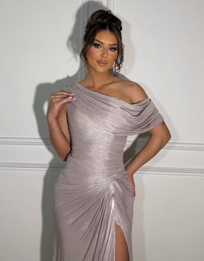 One-Shoulder Metallic Ruched Evening Gown