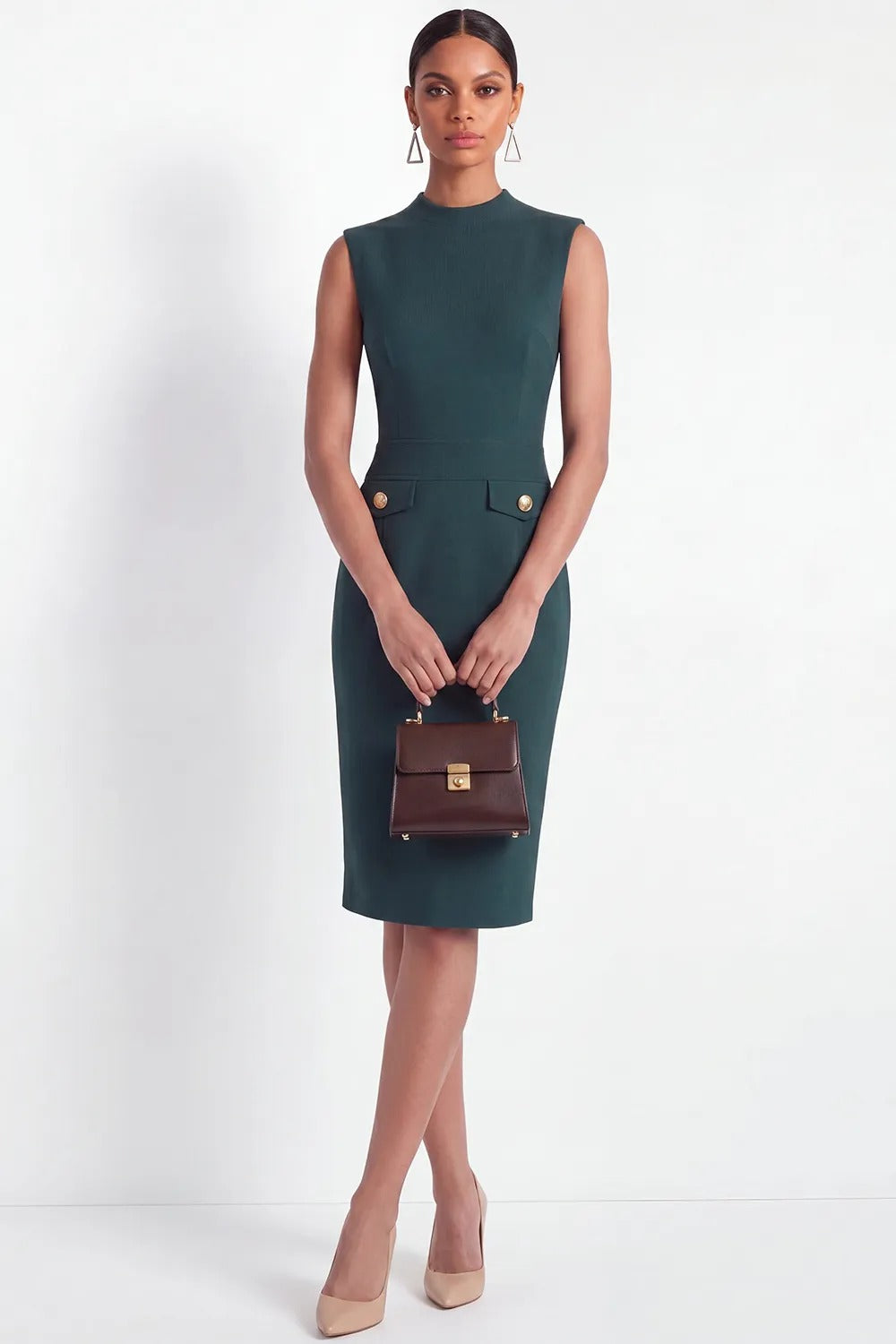 Sleeveless High-Neck Sheath Dress with Flap Accents