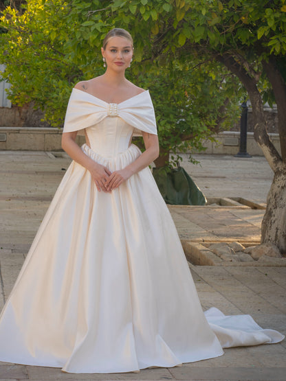 Off-the-Shoulder Satin Ball Gown Wedding Dress