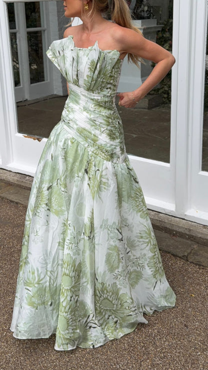 Strapless Floral Print Ruched Waist Ball Gown