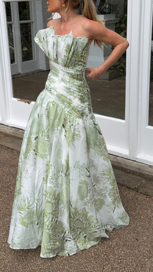 Strapless Floral Print Ruched Waist Ball Gown