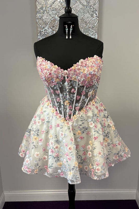 3D Floral Applique Strapless Corset Mini Dress