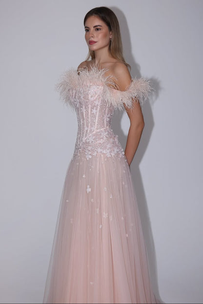 Feather Off-Shoulder Corset Tulle Gown