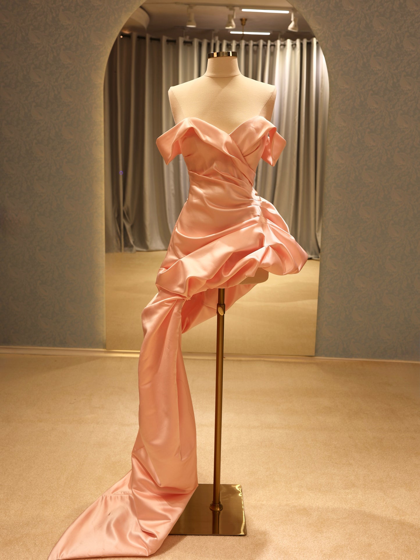Asymmetric Draped Satin Evening Gown with Train