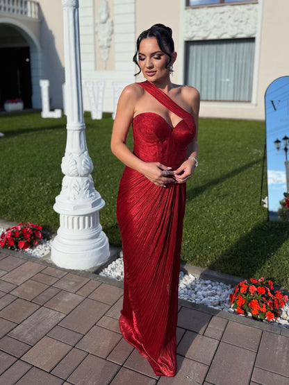 One-Shoulder Pleated Evening Gown