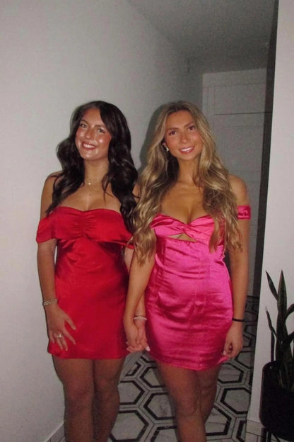 Ruched Satin Off-Shoulder Bodycon Mini Dress