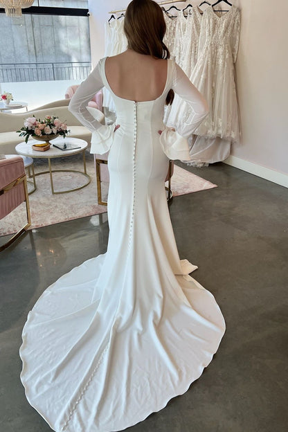 Square Neck Long Sleeve Mermaid Wedding Dress