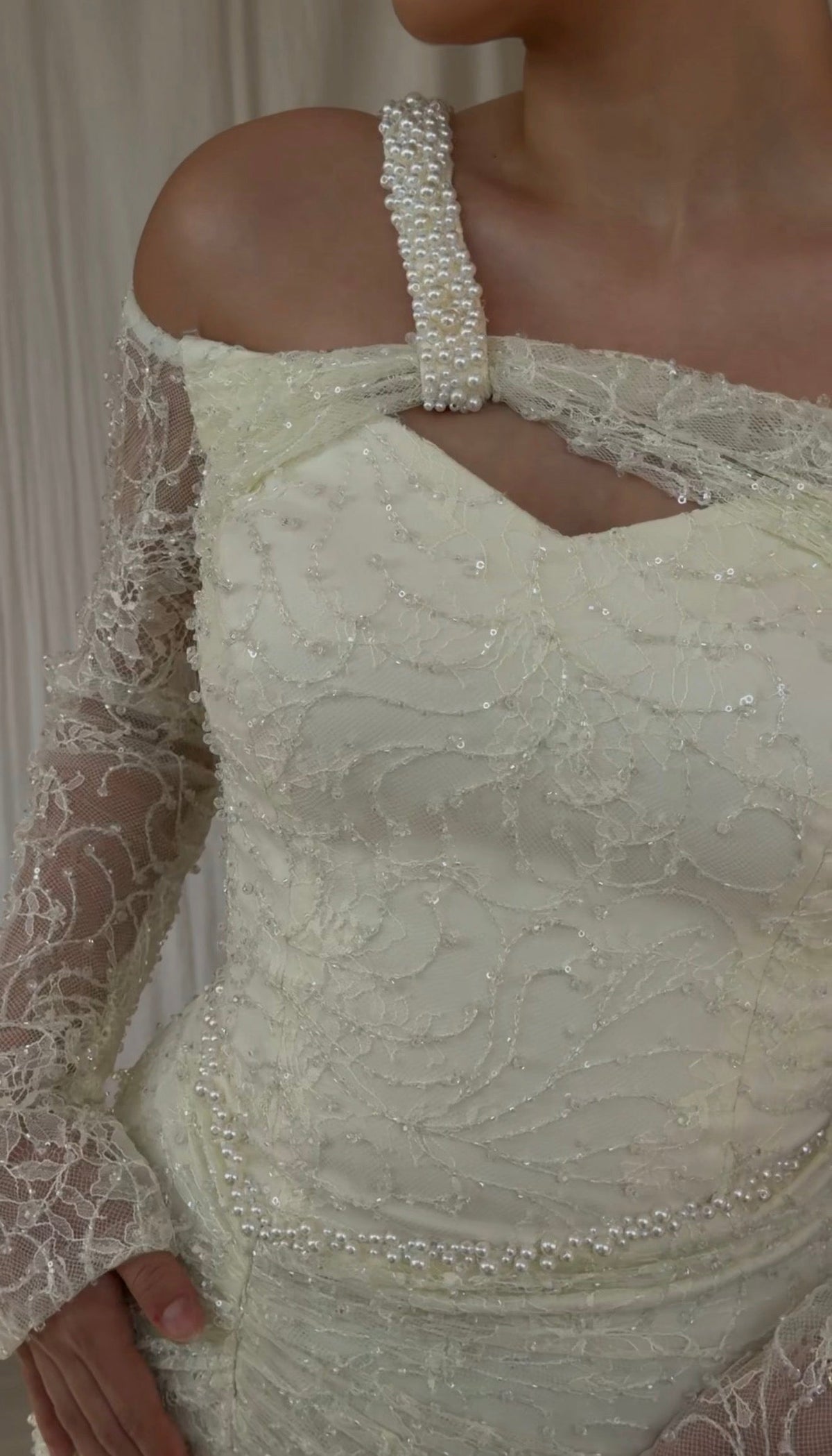 Pearl-Strap Lace Long Sleeve Evening Gown