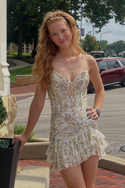 Sequin Floral Spaghetti Strap Mini Dress with Ruffles