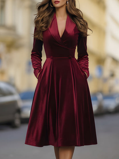 Velvet Lapel Collar A-Line Midi Dress with Pockets