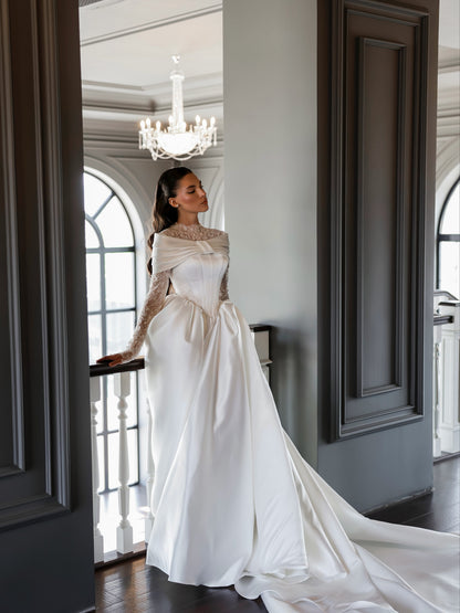 Lace High-Neck Ball Gown Wedding Dress with Train