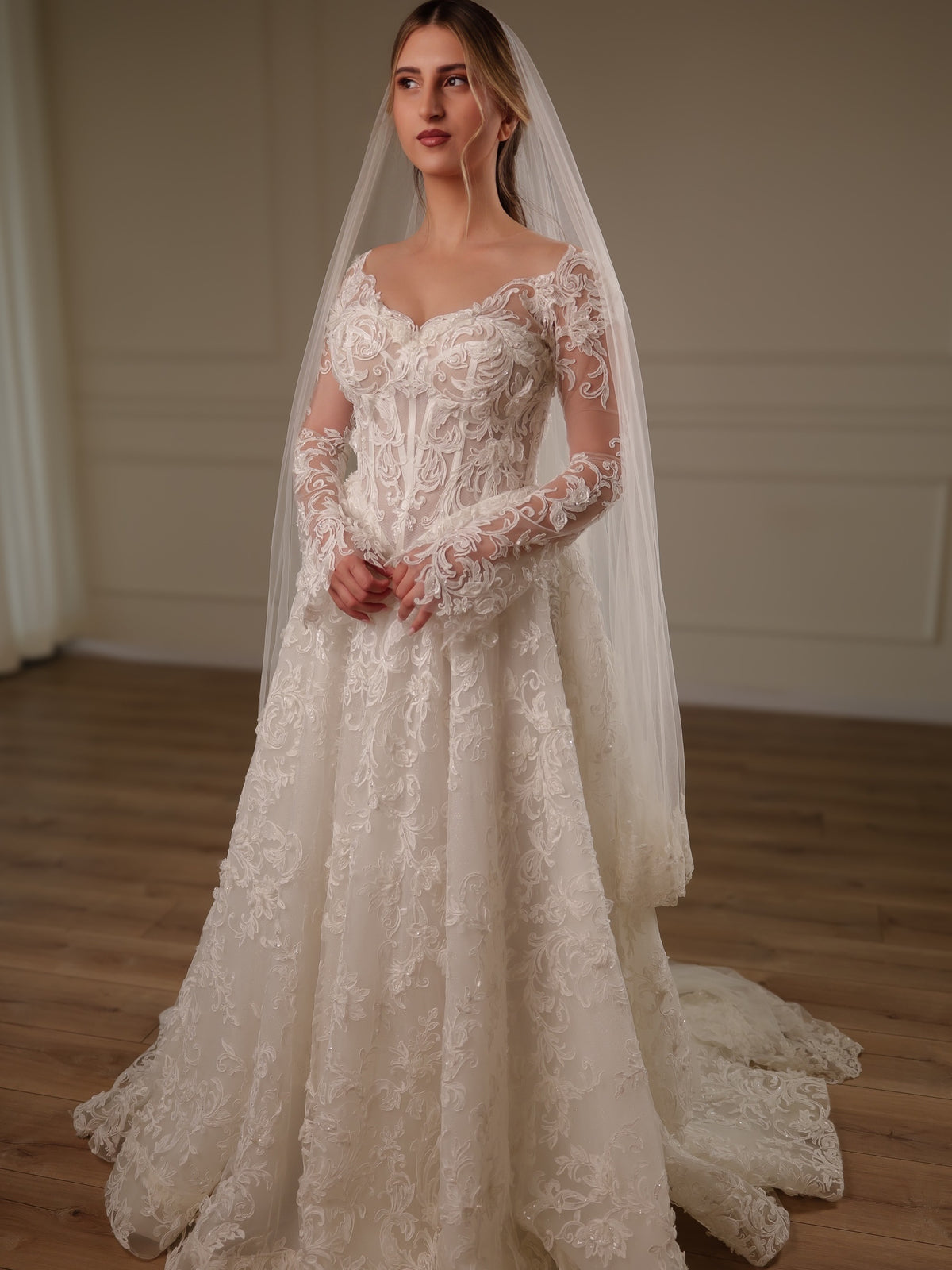 Lace Applique A-Line Wedding Dress with Sleeves