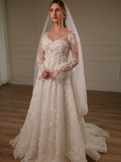 Lace Applique A-Line Wedding Dress with Sleeves