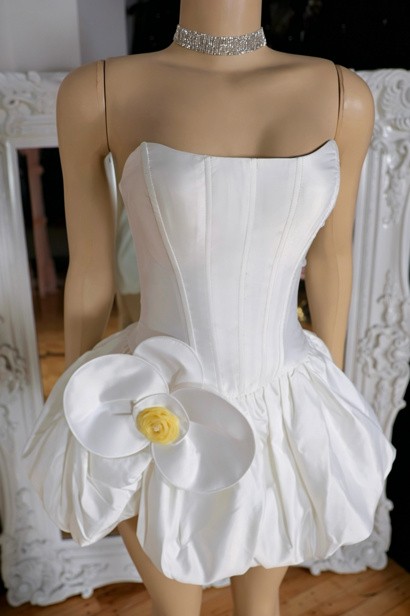 Strapless Corset Bubble Mini Dress with 3D Flower