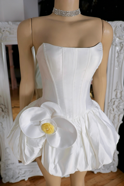 Strapless Corset Bubble Mini Dress with 3D Flower