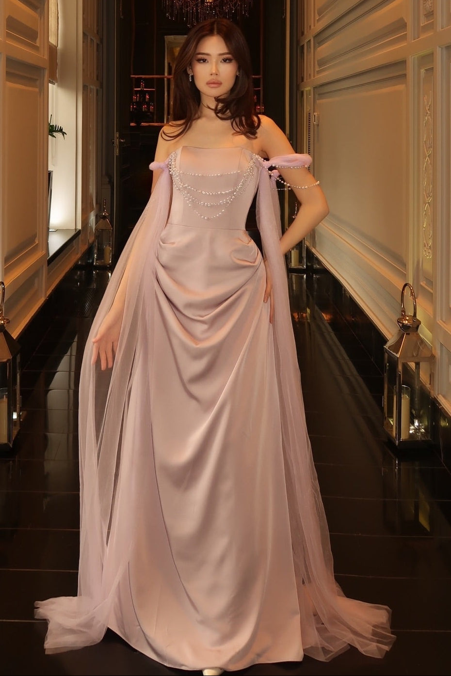Off-the-Shoulder Satin Gown with Pearl Beading