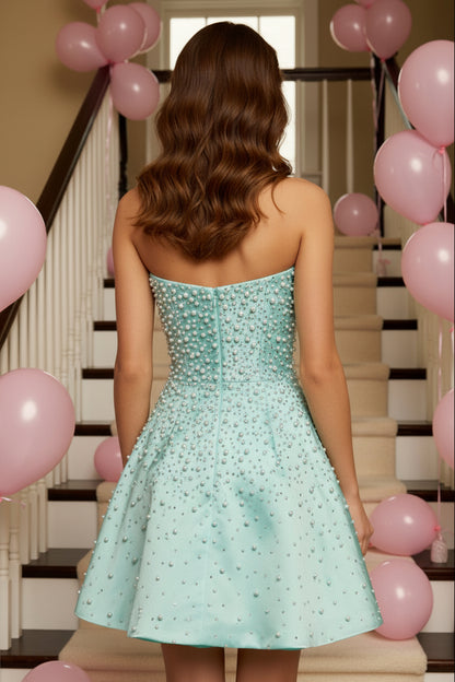 Strapless Pearl Beaded Satin Mini Dress