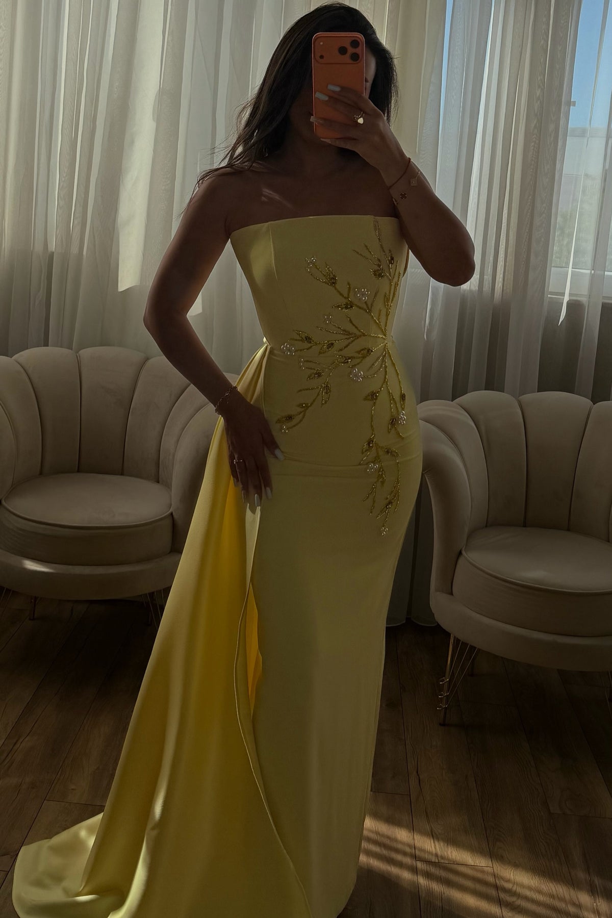 Strapless Beaded Column Gown with Side Train
