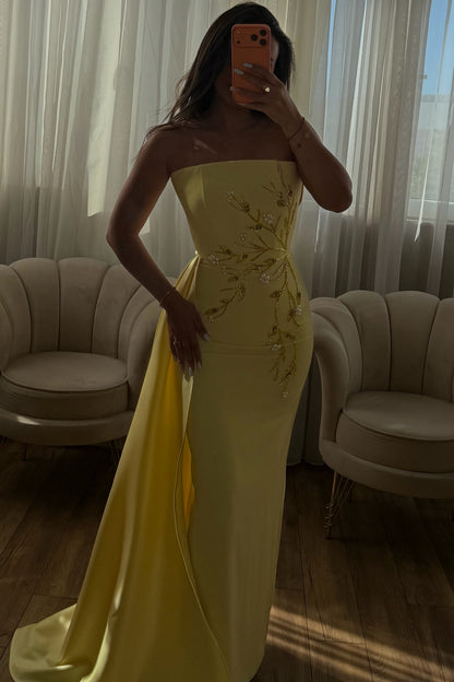 Strapless Beaded Column Gown with Side Train