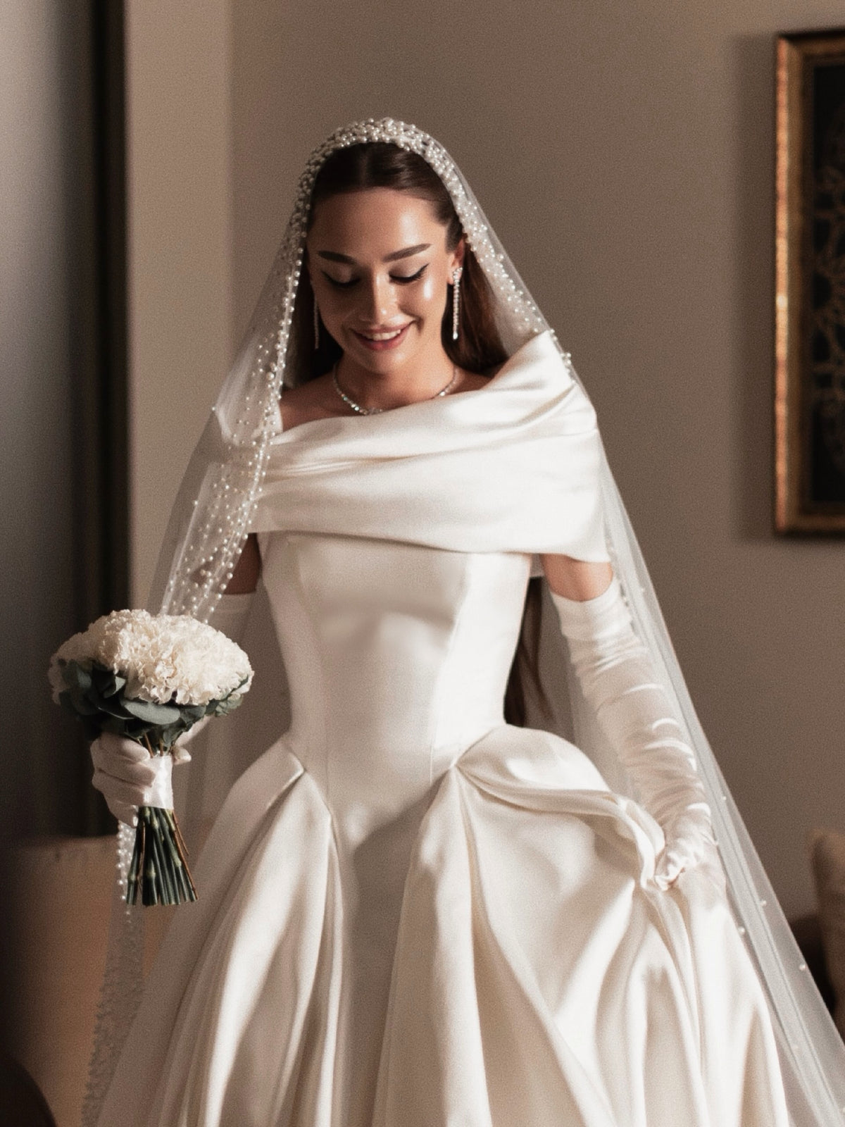 Draped Shawl Neckline Satin Ball Gown Wedding Dress