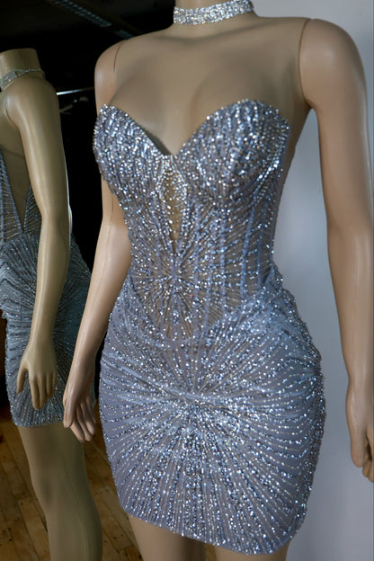 Crystal Embellished Strapless Corset Mini Dress