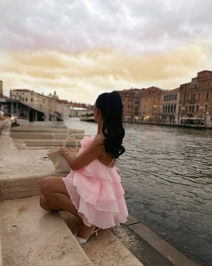 Halter Neck Tiered Ruffle Mini Dress
