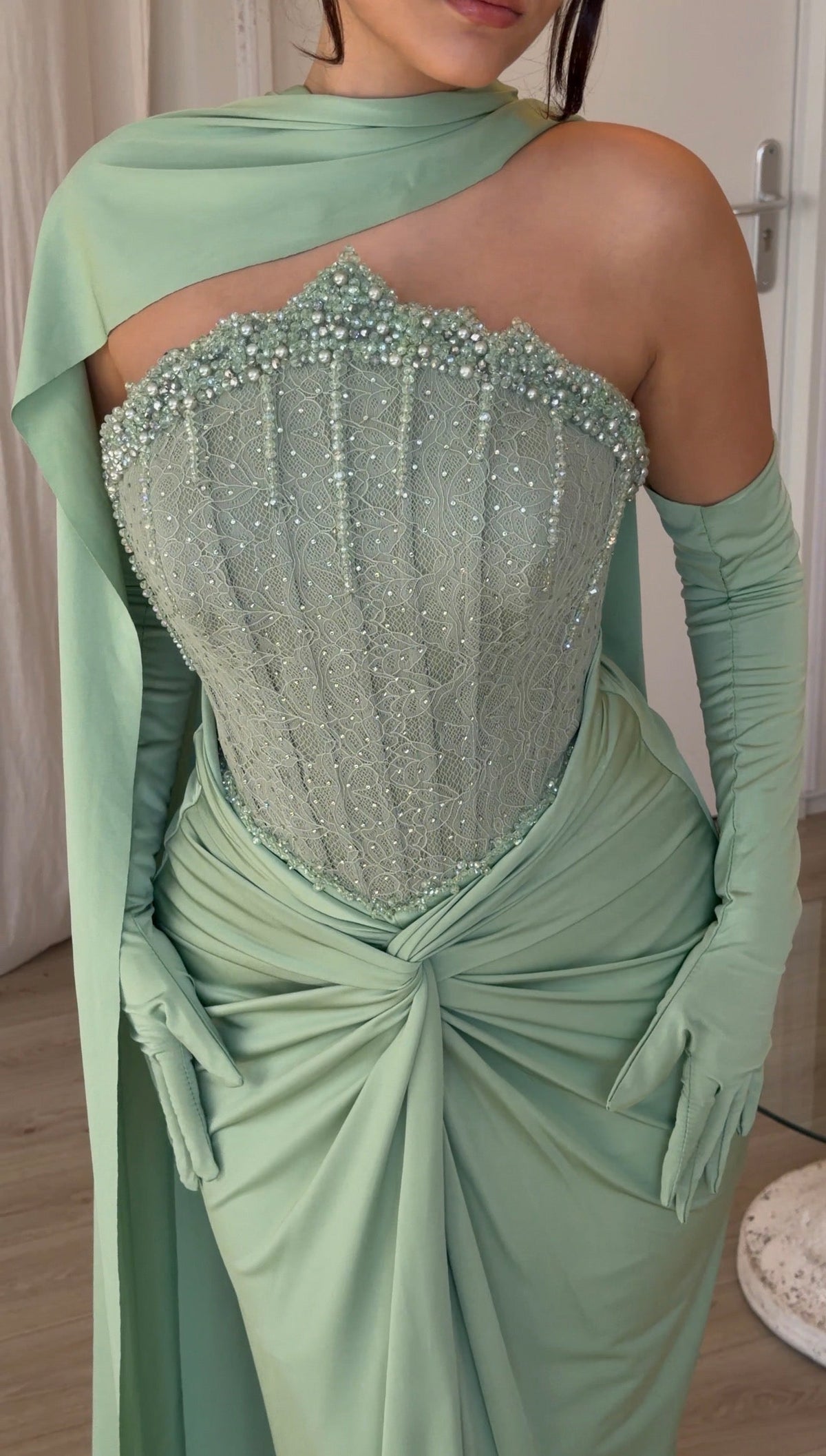 Corset Evening Gown with One-Shoulder Cape