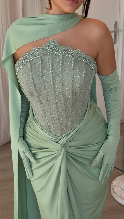 Corset Evening Gown with One-Shoulder Cape
