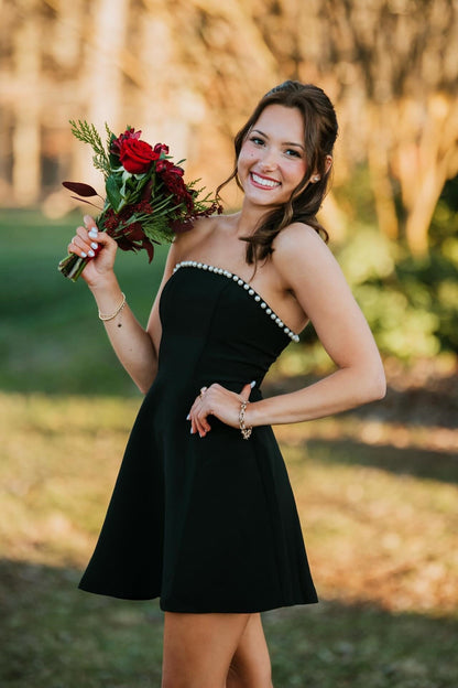 Strapless Pearl-Trimmed A-Line Mini Dress