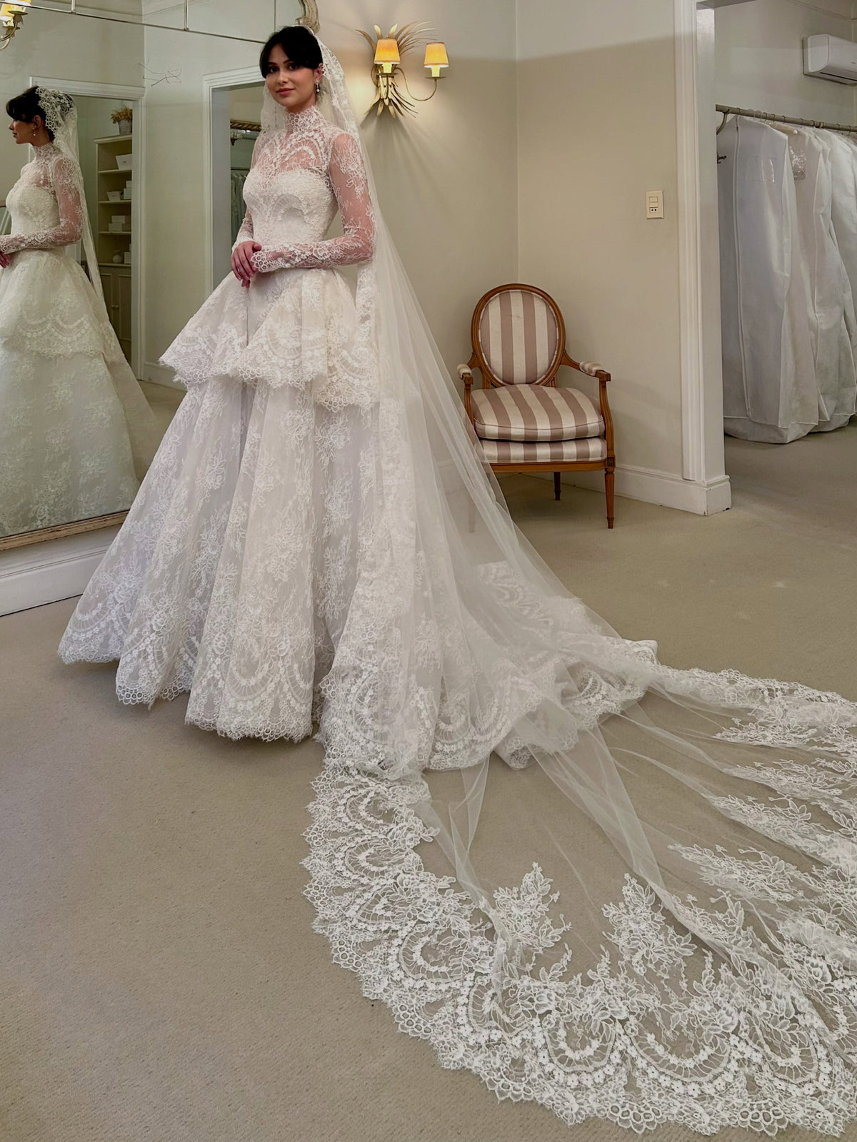 High-Neck Long-Sleeve Tiered Lace Ball Gown Wedding Dress