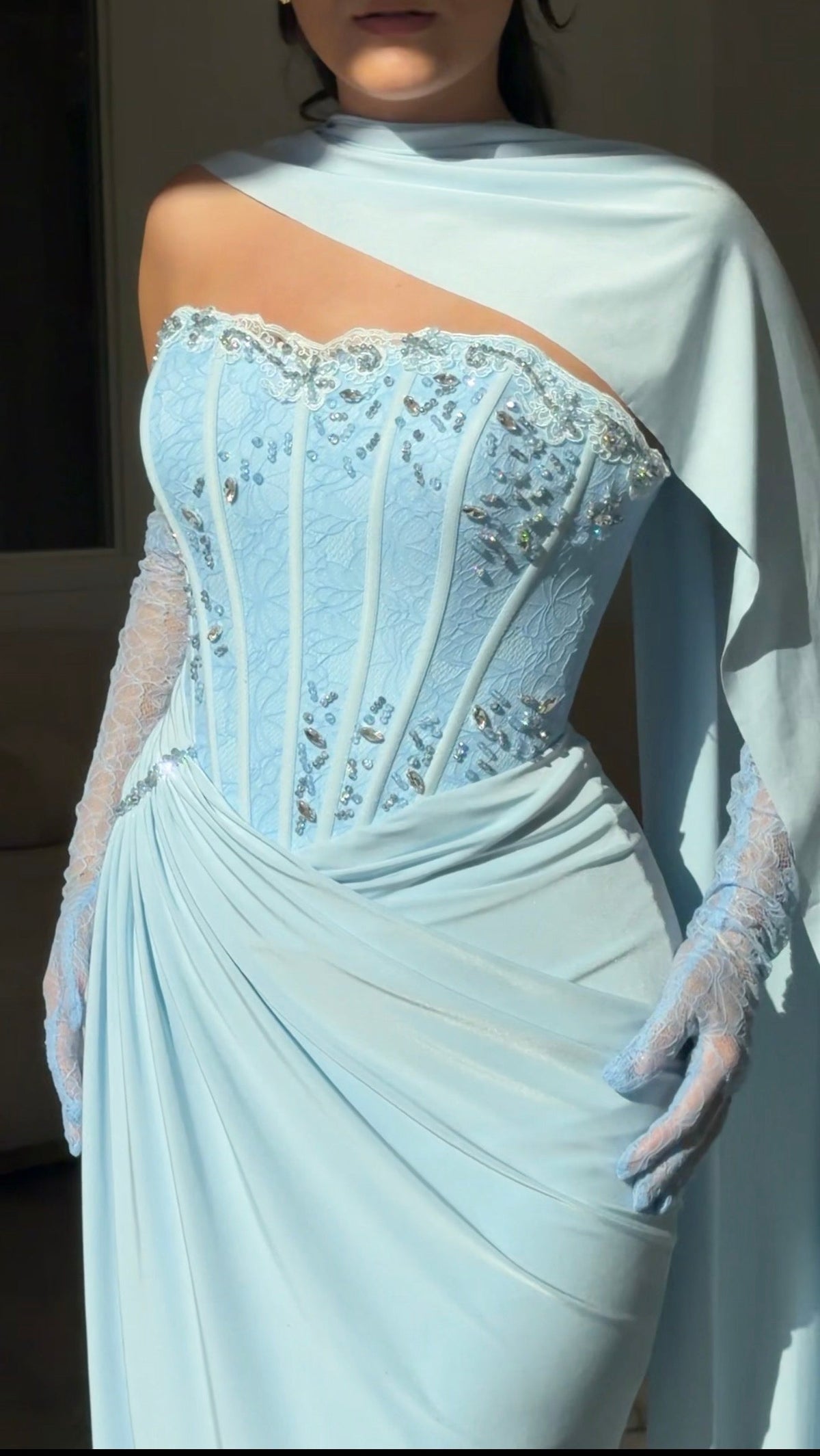 Corset Gown with Scarf Neckline and Gloves