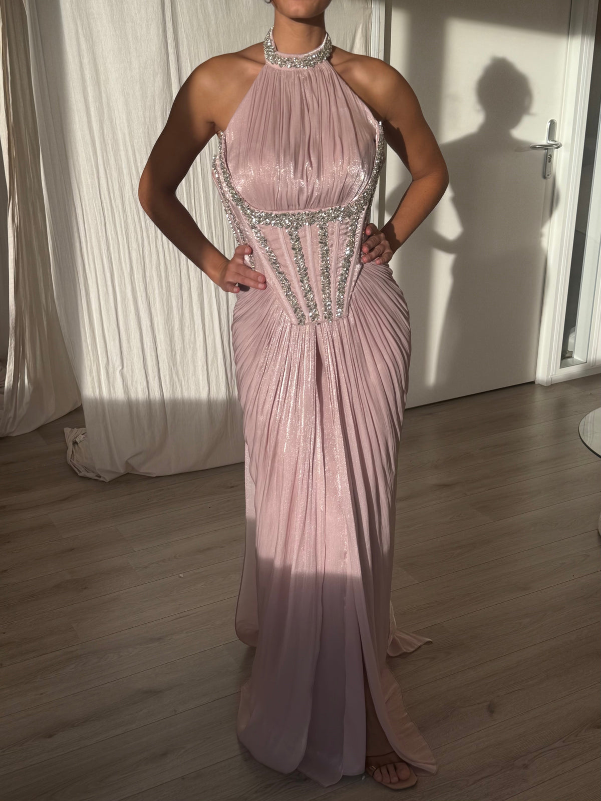 Halter Corset Evening Gown with Beaded Trim