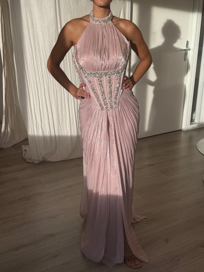 Halter Corset Evening Gown with Beaded Trim