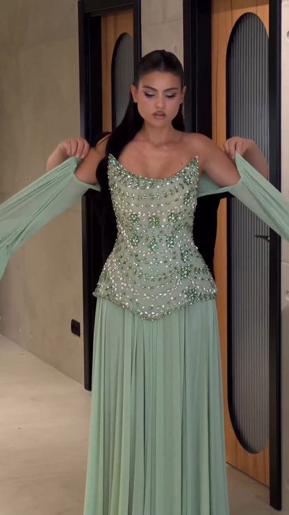 Beaded Corset Evening Gown with Draped Sleeves