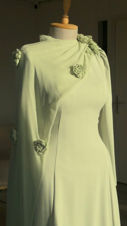 High-Neck Maxi Gown with Draped Rosette Cape